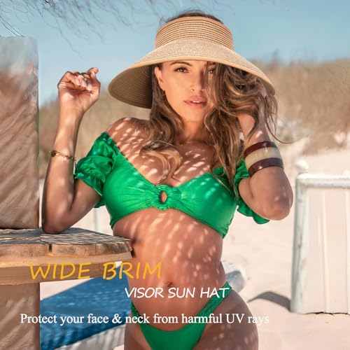 Women's Sun Visor Hats Wide Brim Straw Beach Hat Ponytail Hats for Women Foldable Floppy - Image 5