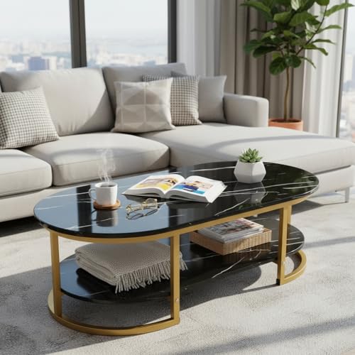 Image of RIZIK Stores Coffee Table - Modern 2-Tier Center Table with Engineered Wooden Top & Metal Frame, Living Room Sofa Table, Elegant Cocktail Table for Home, Office, Dining (Black)
