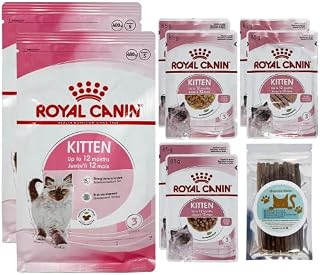 Kitten Food Wet and Dry Bundle contains Kitten Food Second Age 400g x2, Wet Kitten Food in Gravy 85g x2, Kitten Wet Food in Jelly 85g x2, Kitten Loaf in Sauce 85g x2, and Silver Vine chew sticks
