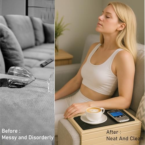Image of Home Sparkle Wooden Couch Armrest Tray Table | Adjustable Foldable Sofa Arm Tray with Cup Holder | Serving Tray Organizer for Snacks, Tea, Coffee, Phone & Remote | Fits Most Sofas & Recliners