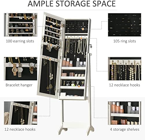 HOMCOM Jewellery Cabinet with Full-Length Mirror, Mirror Armoire, Lockable Jewellery Organiser for Bedroom Dressing Room, White