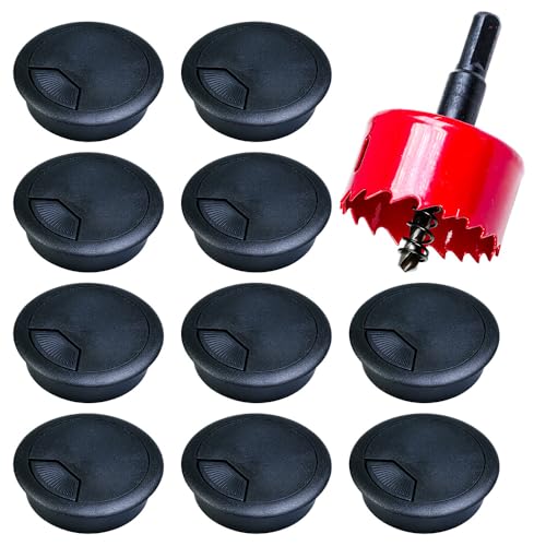 Selyse Lot de 10 Passe-Câbles de Bureau, Cache-Hole Rond pour Bureau à Domicile, Organisation Pratique des Câbles, avec Scie Cloche, Solution Idéale pour Le Bureau et la Maison (Noir)【50mm】