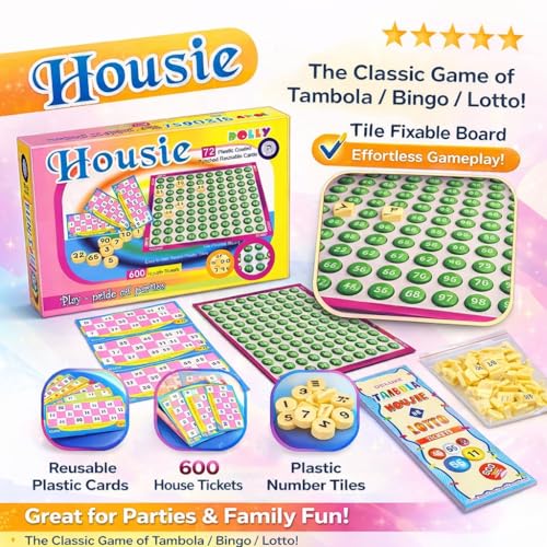 Image of Tambola Housie Game Set - 600 Tickets, 72 Reusable Plastic-Coated Cards, Number Tiles & Fixable Board - Fun Party & Family Game for Kids & Adults