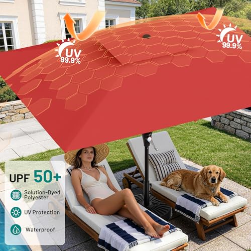 Image of AreShark 8'x10' 2 Tiers Rectangular Patio Umbrella - Outdoor Umbrella Waterproof UV Protection, Market Table Umbrella w /Crank for Pool, Backyard, Deck(Red)