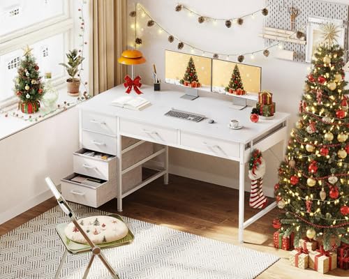 Image of ODK Computer Desk with 6 Drawers, 48 Inch Office Desk with Storage, Reversible Desk with Headphone Hook for Home Office, Work Study Table Vanity for Bedroom, White