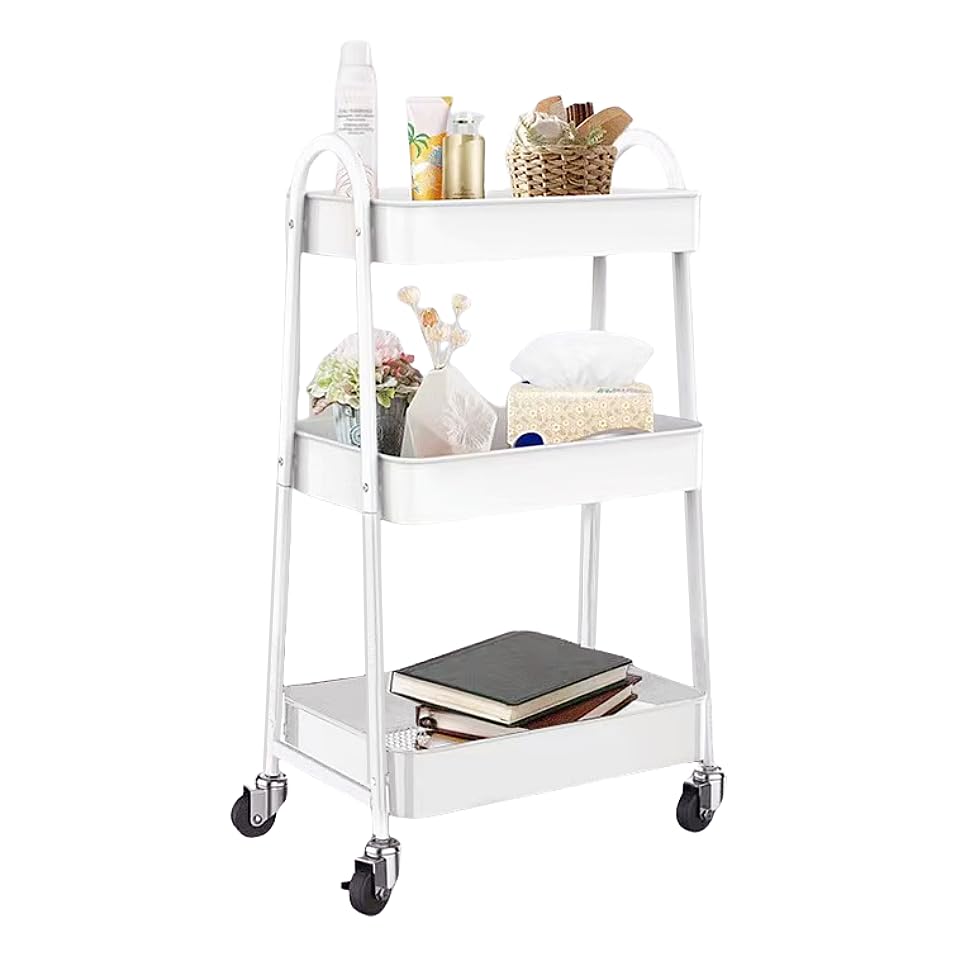 Secchuu キッチンワゴン スチール製ボデイ 3段タイプ 耐荷重45KG 幅45cm×奥行29cm×高さ75.5cm シンプルさ 収納ワゴン スチール製ボデイ キャスター付き スムース移動 小物収納 組立商品 (白色, A形 3段)