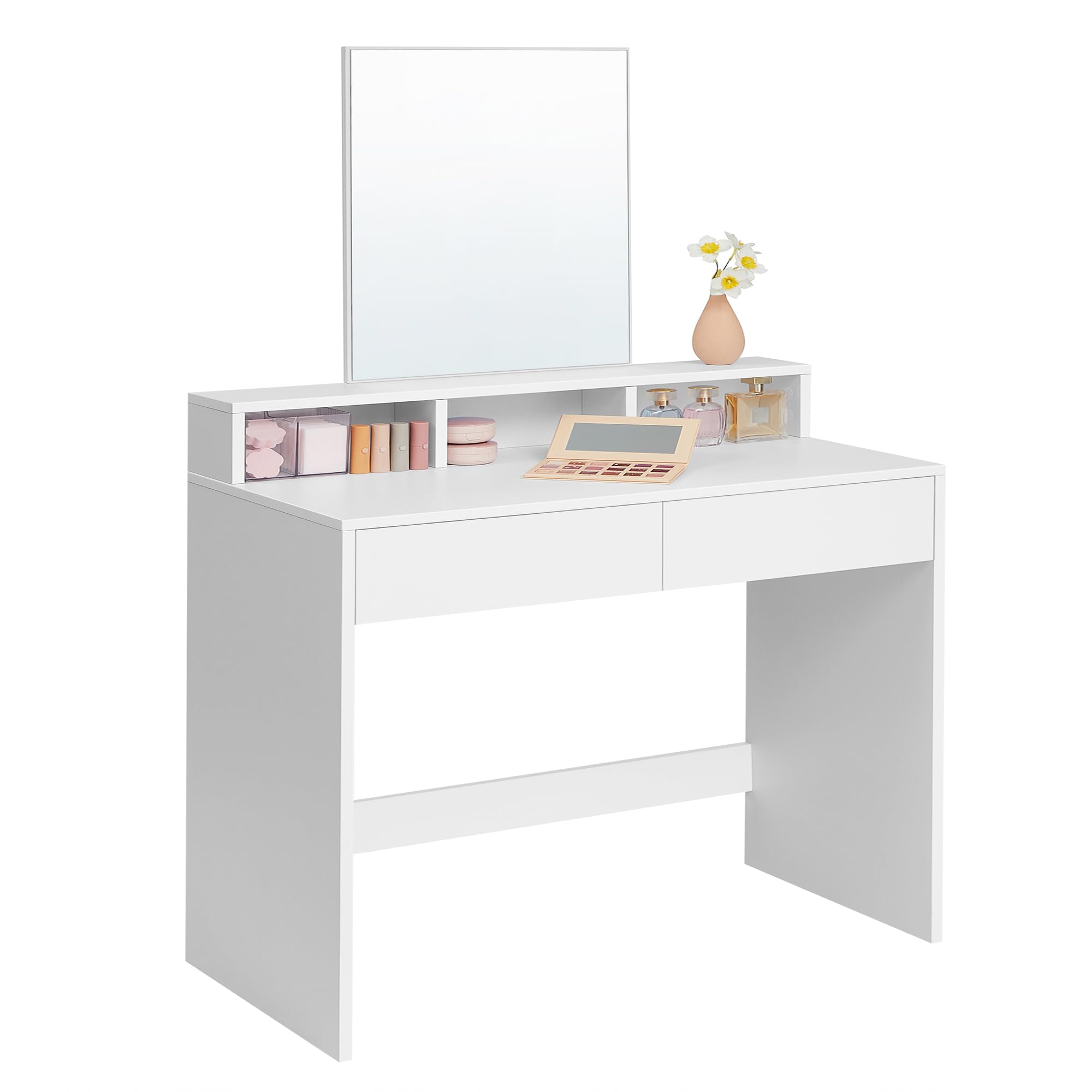 VASAGLE Kailyn Kollektion - Schminktisch mit LED-Beleuchtung, Frisiertisch mit rechteckigem Spiegel, Kosmetiktisch mit 2 Schubladen und 3 offenen Fächern, weiß RDT113W01