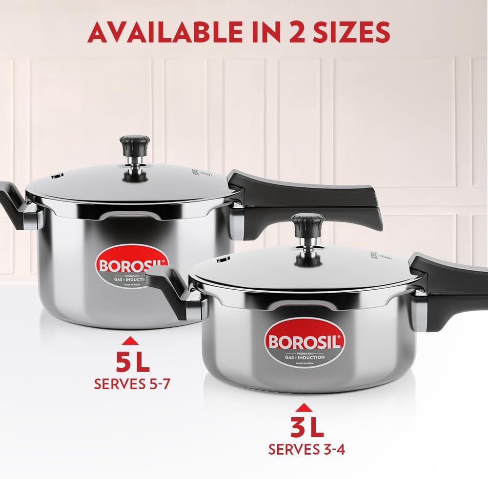 Borosil 5 L Triply Outerlid Presto Cooker | SS304 Food Grade Stainless Steel Pressure Cooker | Gas Stove & Induction Compatible | Dishwasher Safe | 5 Years Warranty