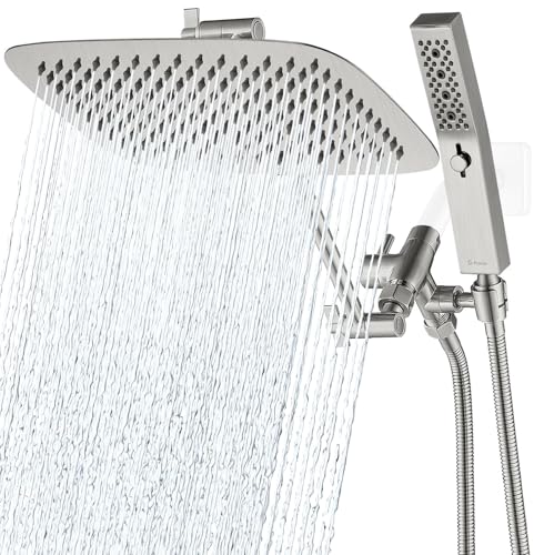 G-Promise All Metal 12 Inch Dual Square Shower Head with Handheld Spray Combo, Rain Shower Head, Adjustable Extension Arm, 3-Way Diverter, 71 Inch Extra Long Hose - A Bathroom Upgrade(Brushed Nickel)