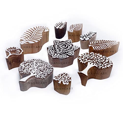 Image of Hashcart | Set of 10 | Handcarved Tree Shape Wooden Block Stamps for Block Printing, Fabric Textile Project Designing Scrapbooking Clay Pottery Craft Tattoo
