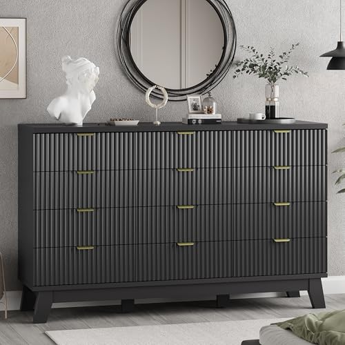 Image of Xixini Fluted Dresser for Bedroom with 12 Drawers, 57 inch Wide Modern Chest of Drawers with Metal Handle, Wooden Dresser TV Stand, Wood Closet Clothes Storage Organizer for Living Room, Hallway, Black