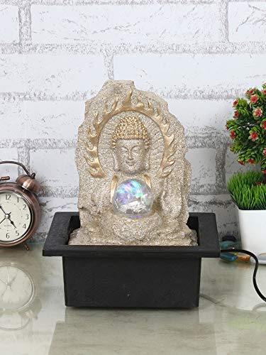 Image of Polyresin Cream Color Buddha Table Top Indoor Waterfall Fountain for Home Decor with LED Lights, Speed Controller Pump & Crystal Ball (Size: 25.5 x 21 x 18.5CM | Weight: 1060grm)