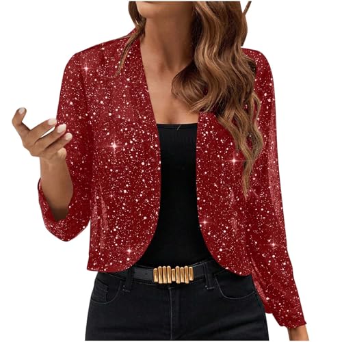 Women's Sequin Cardigan Dressy Long Sleeve Open Front Party Sparkly Cropped Coats Glitter Shiny Casual Thin Jackets