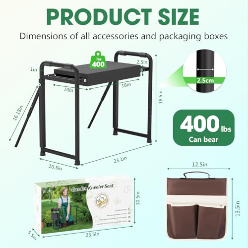 Image of Heavy Duty Garden Kneeler & Seat with Support Legs, 400lbs Capacity Foldable Gardening Stool, Extra Thick Pad & Large Tool Organizer Bag, Ergonomic for Seniors - Dark Black