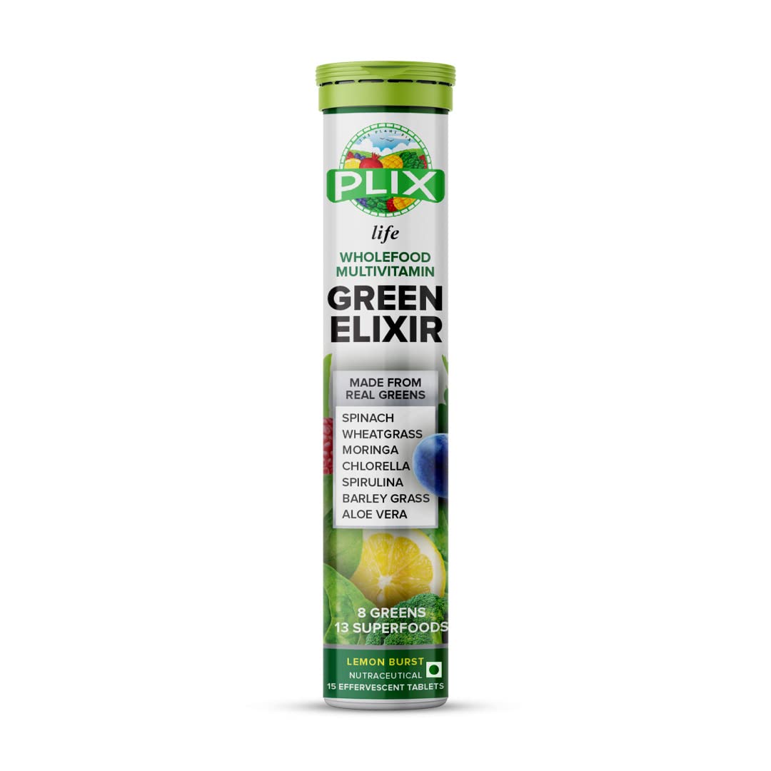 PLIX Green Elixir Effervescent Tablets For Complete Detox | Pack Of 1 (Lemon Burst) | 8 Greens, 13 Superfoods And Vitamins Enriched | Helps Boost Immunity | Aids Digestion | Glowing Skin | Vegan