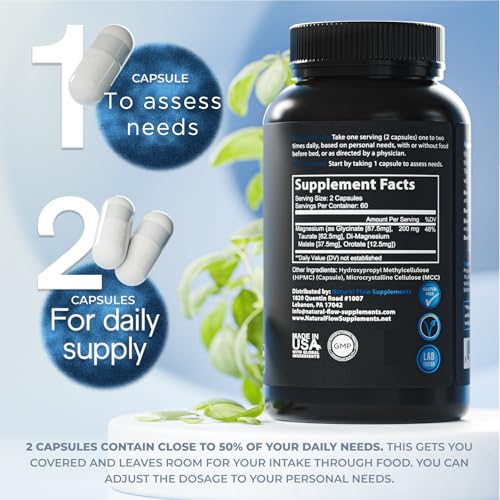 Natural Flow Magnesium Glycinate Complex — 200mg Elemental Mg — 4 Chelated Forms: Glycinate, Taurate, Malate & Orotate — No Oxide, No Citrate — Calm, Sleep & Muscle Support — 120 Veg Capsules, 60 Days - Image 4