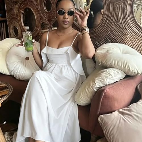 Image of YUEWOO Midi Dresses for Women Casual Summer Sundresses Vacation Outfits Spaghetti Strap Smocked Women Maxi Dress with Pockets
