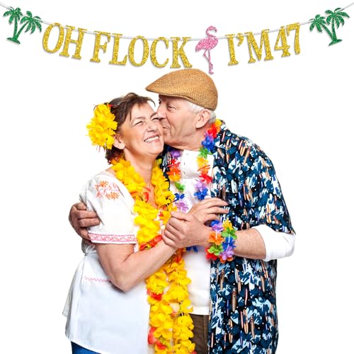 Image of Oh Flock I'm 47 Banner, Glitter Happy 47th Birthday Anniversary Party Decorations, Pineapple Celebration Decor, Hawaiian Luau Tropical Aloha 47 Theme Party Photo Props