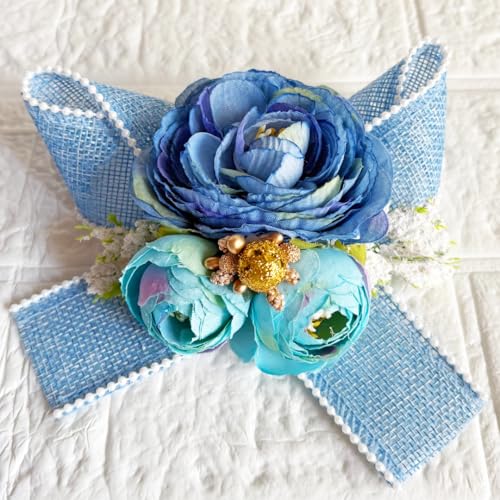 Image of ADIKALA Handmade Artificial Big Peonies 3 Flower Bunch for Trousseau Packing, Ready to use Flower Brooch Hamper for Decoration, Gift Wrapping Flowers (3, Blue Jute)
