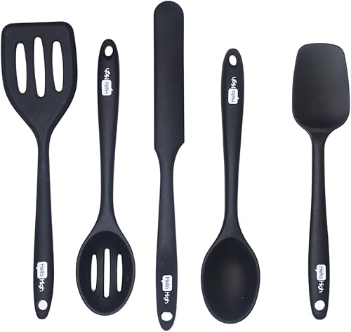 Hello High - Juego de espátulas pequeñas negras de 5 piezas - Espátulas cortas de silicona compactas para hornear, cocinar y raspar tarros,