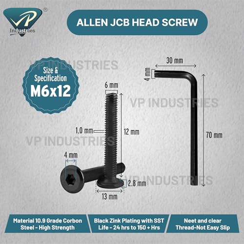 Image of By inchVP INDUSTRIES inch (Pcs-25) M6x12mm Allen JCB Flat Head Screw Black Zinc Plated High Tensile | Allen key Head Screw for Modular Furniture, Wooden Work, Electrical Fittings, DIY & Industrial Use