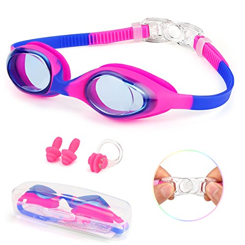 Kungber Gafas de Natación para Niños 2019 Nueva Sin Fugas, Anti Niebla, Protección UV, Silicona de Memoria 3D con Clip de Nariz, Tapones para los oídos, Caso para niños Youth Boys Girls (Morado&Rosa)