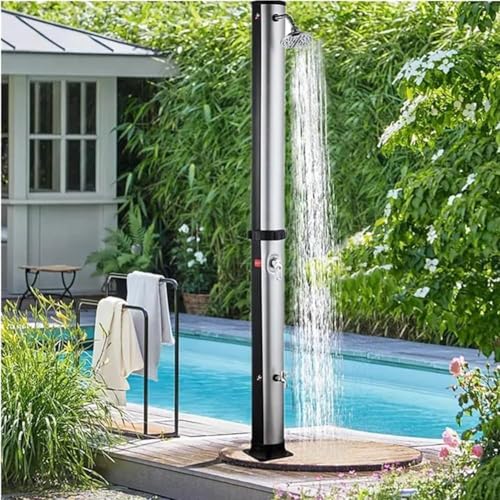 Ducha solar de 20 l for exteriores, ideal for jardín, piscina y ducha exterior con ajuste de agua caliente y fría, cabezal de ducha giratorio de 360° y grifo de pie, ideal for patio, piscina y playa.