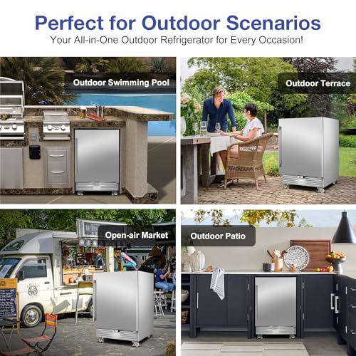 Image of Outdoor Refrigerator 24 Inch, Undercounter Beverage Fridge with Wheels, 180 Cans Waterproof Stainless Steel Fridge for Outdoor Kitchen and Patio