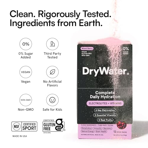 Image of DryWater Electrolyte + Vitamin Hydration Powder Packets - Mixed Berry, 1,000mg Potassium, Real Organic Fruit, NSF Certified for Sport, Nothing Artificial, No Added Sugar (12 Stick Packs)
