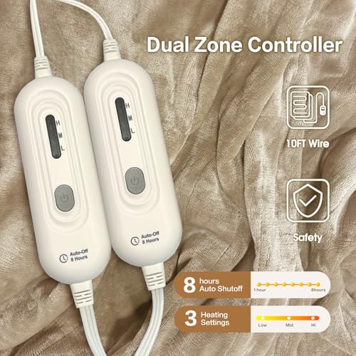 Image of Tefici Electric Heated Blanket Queen Size, Dual Control Super Cozy Soft 2-Layer Flannel 84 inch x90 inch Heating Blanket with 3 Heat Levels & 8 Hours Auto Off,ETL&FCC Certified,Home Office Use,Camel