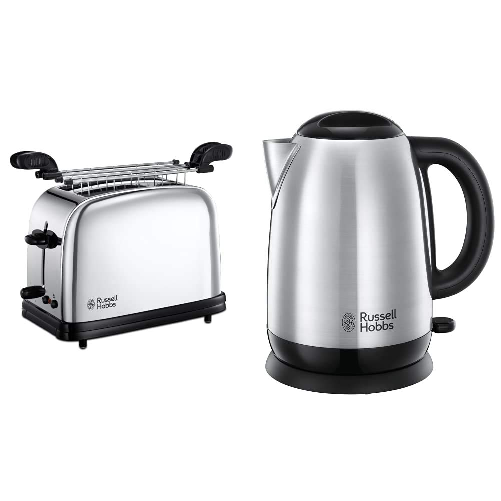 Russell Hobbs 23310-57 Tostapane Victory, 2 Fessure, con Pinze, 1200 W, Acciaio Inossidabile, Grigio/Nero & Adventure Bollitore, 2400 W, 7 Tazze, Plastica, Acciaio Inossidabile, Acciaio