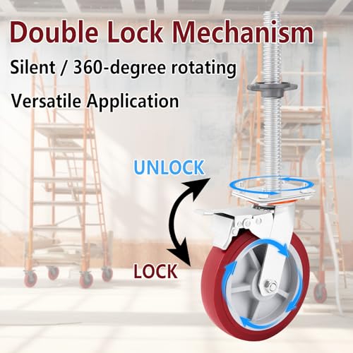 Image of 4 Pack 8 inch Adjustable Leveling Scaffolding Wheels,1-1 /5 inch OD Scaffold Screw | Heavy Duty Scaffold Leveling Jacks with Swivel Casters for Baker Scaffold, Ladder Jacks and Construction Equipment