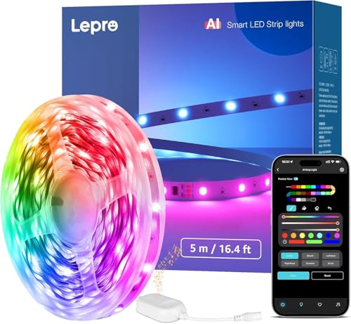 Lepro S1 AI 5M LED Strip, MagicColor LED Lights, Audio with Alexa and Google Assistant, Music Sync, Customized AI Lighting Designer, WiFi Light for Be...