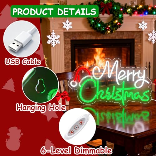 Image of Merry Christmas Home Decor Santa Hat Neon Sign Led Neon Christmas Lights Ornaments Tree Decorations Outdoor Neon Signs for Wall Decor USB Powered Led Neon Signs for Room Decoration