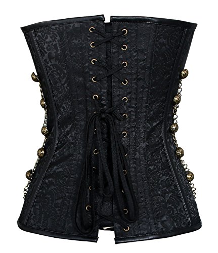 Image of Charmian Women's Steel Boned Steampunk Gothic Bustier Corset with Chains | Overbust Corset, Premium Brocade & Leather, Clasp Closure, Lace-up Back