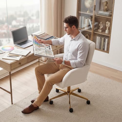 Image of FOXHUNTER Oversized Vanity Chair with Wheels Office Chair Velvet, Ivory | 360 Swivel, Adjustable Height,Soft Lumbar Support, Gold Metal Base Desk Office Chair for Home Office, Living Room, Bedroom