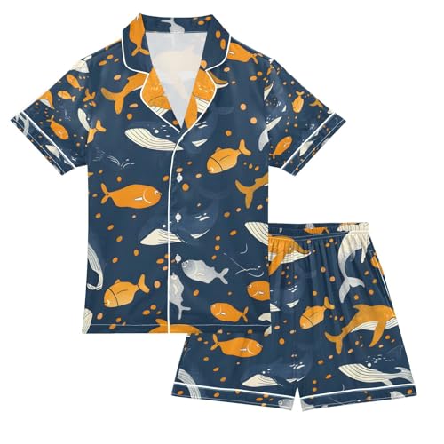 senya Whale and Fish B Satin Summer Pajama Sets Silk Short Sleeve Button Down Sleepwear