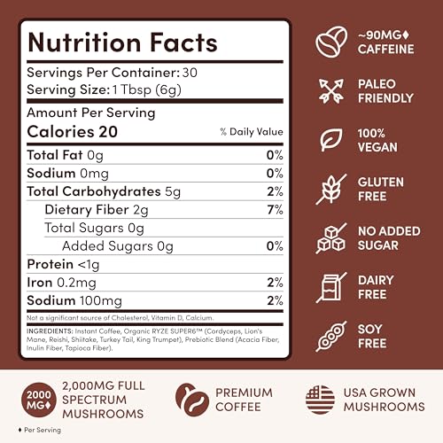 Image of RYZE SUPERFOODS Mushroom Coffee Dark Roast, 6 Adaptogenic Mushrooms & Prebiotic Blend, Instant Coffee Supports Energy, Focus, Digestion & Immunity, Lions Mane & Turkey Tail, 30 Servings