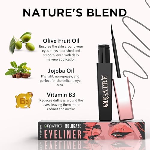 Image of ORGATRE BoldGaze Black Eyeliner | Waterproof, Smudge-Proof, Long-Lasting | Matte Finish | Quick Dry, Fine Tip for Precise Application - 3ml