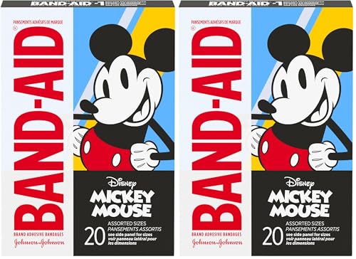Image of Band-Aid Brand Adhesive Bandages for Minor Cuts & Scrapes, Wound Care Featuring Disney's Mickey Mouse, Fun Bandages for Kids and Toddlers, Assorted Sizes, 20 Count (Pack of 2)
