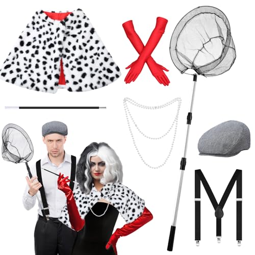 Croknit 7 Pcs Halloween Dalmatian Costume and Catcher Accessories Shawl Red Gloves Pearl Necklace Hat Holder Suspender Fishing Net for Halloween Adults Couple Cosplay Party
