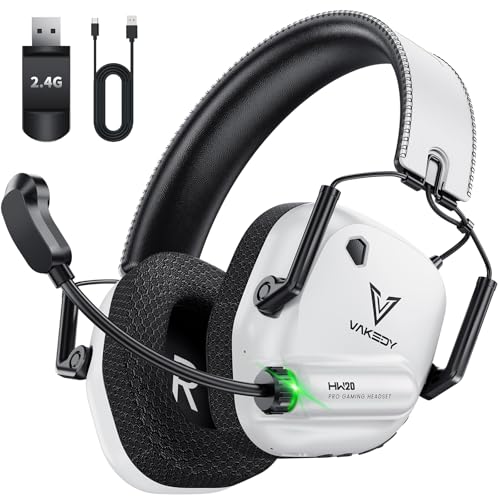Vakedy Cascos Gaming Inalambricos, 2,4 GHz USB y Auriculares Bluetooth con Micrófono, Ultraligeros, Driver 50 mm, Baja Latencia, Batería 50H, Cascos Gamer para PS5/PS4/PC/Mac/Switch (Blanco/Negro)