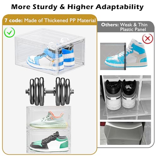 7 code Large Clear Shoe Boxes Organizer【Thicker Material】 Stronger Shoe Box with Magnetic Door, Stackable Shoe Storage Box for Closet, Foldable Space-Saving Storage Bins Shoe Cabinet, White 9 Pack