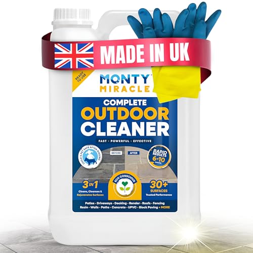 Monty Miracle Outdoor Cleaner 5 Litre. Clean & Rejuvenate your Patio Decking Fencing Paths Driveway Render & More - Results in 6-10 Minutes! Slip free (5L + Monty Approved Gloves)