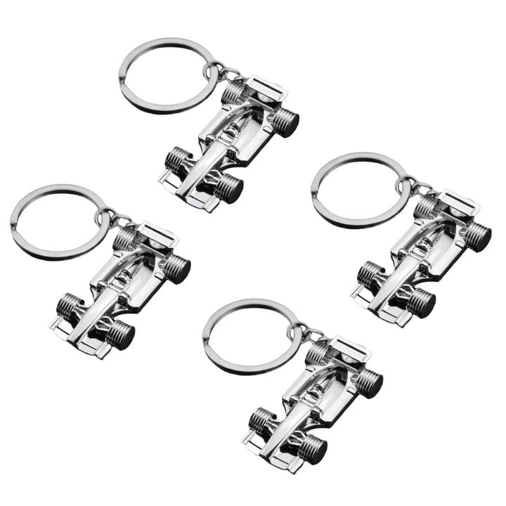 EUPSIIU 4Pcs Silver Racing Car Keyring, Accessories for Key or Display, Sport Key Chain, Formula 1 Gifts for Boy, Men, Women, Racing Fans