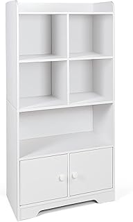 COSTWAY Wooden Bookcase, Freestanding Storage Bookshelf Cabinet with 4 Cubes, Open Shelves & 2 Doors, Display Rack Shelving Unit Cupboard for Living Room, Bedroom, Hallway and Office