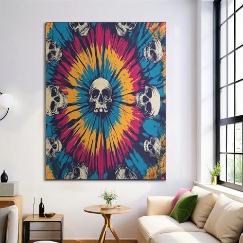 Impression Crâne Tie-Dye Rétro Jaune Décoration Murale 80x120