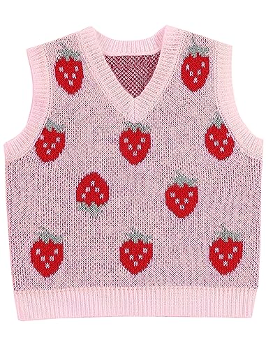 Mebius Girl's Cute Preppy Sweater Vest Sleeveless V Neck Knit Casual School Plaid Checkered Strawberry Cropped Top2