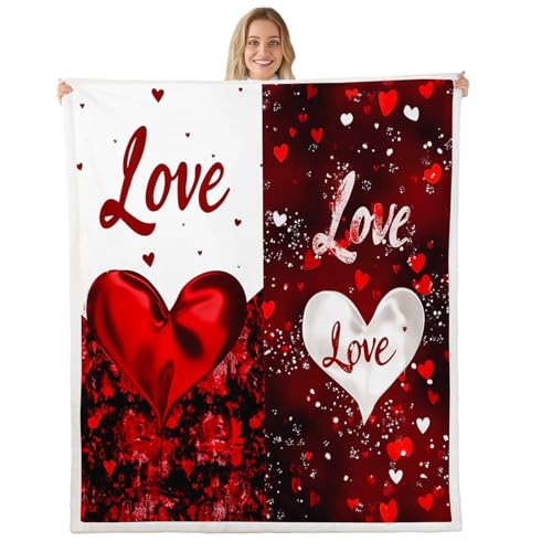 feelingyou Manta de forro polar para el día de San Valentín, elegante manta de cama romántica con corazones rojos para adultos y adolescentes, decoración de habitación de retazos de rayas rojas y