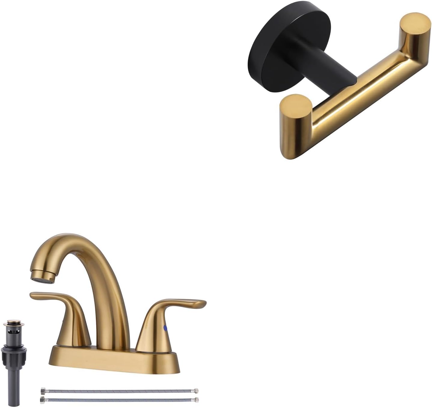 Aleasha Gold Faucet for Bathroom Sink + Black & Gold Bathroom Towel Hook